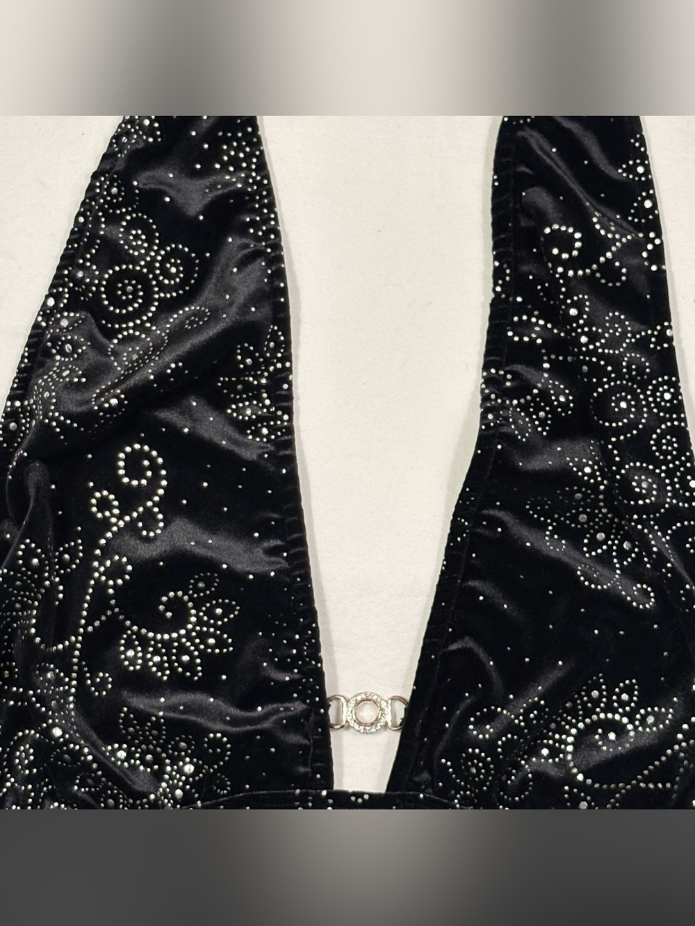 Black Rhinestone Velvet Halter Teddy - Picture 3 of 8